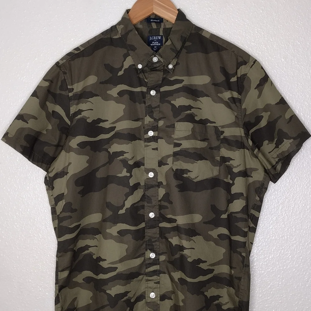 J. Crew Men's Camouflage Flex Washed Short Sleeve Casual Button Down Shirt Sz M